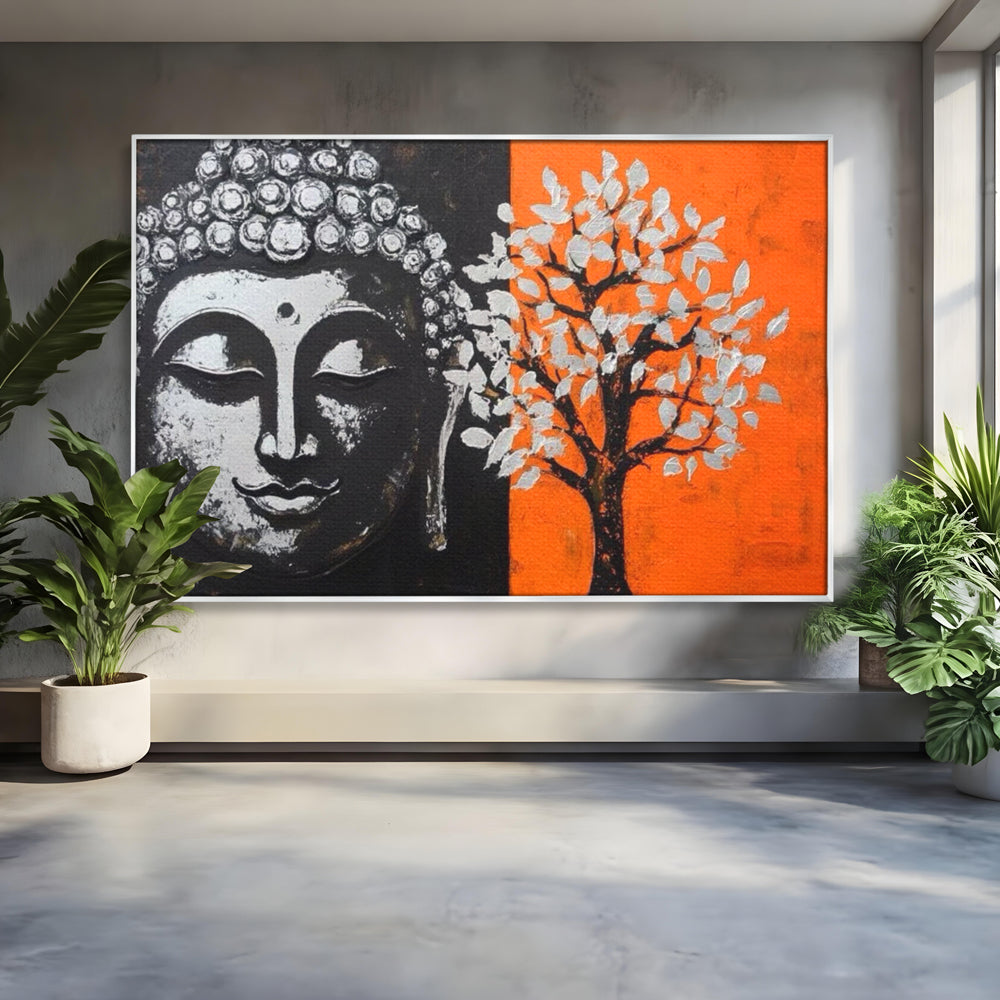 Tablou canvas cu tablou canvas cu capul lui buddha si un copac, in rama de aluminiu argintiu